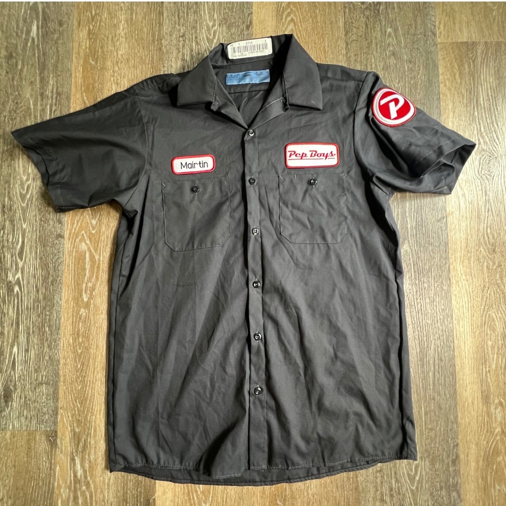 Cintas Work Shirt Mens Medium Grey Pep Boys Martin Patch Short Sleeve Button Up